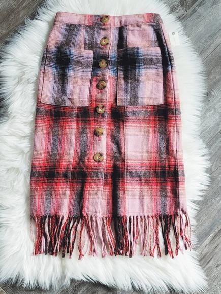 NEW Anthropologie Maeve Fringed Pink Blue Plaid Button Mini Skirt - 2 - Picture 4 of 9